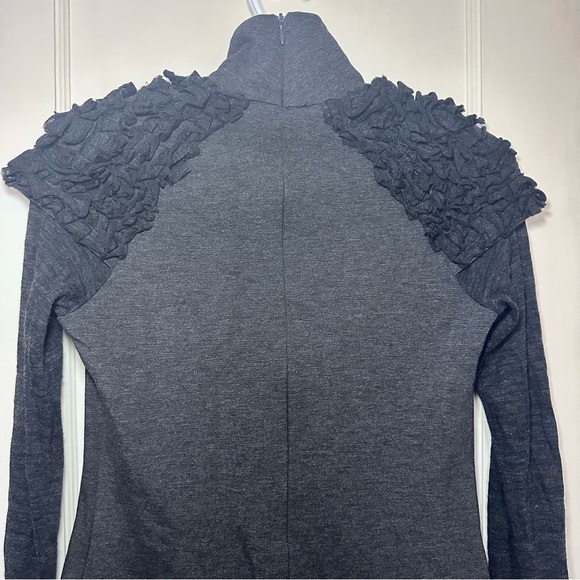 Tenax Charcoal Mock Neck Dress, Black Ruffle Details, Long Semi-Sheer Sleeves - Picture 4 of 13